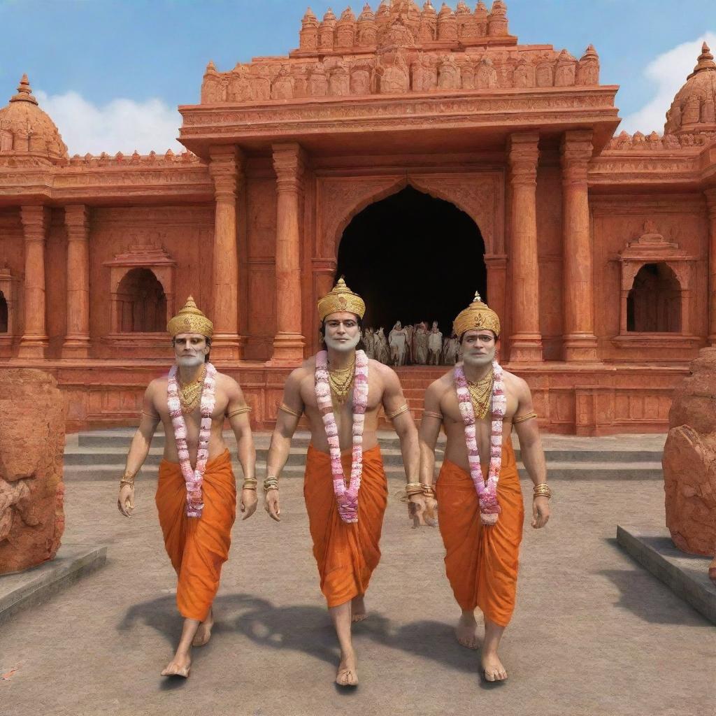 A 3D image of Ram, Laxman, Sita, and Hanuman arriving at Ayodhya Ram Mandir in HD.