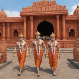 A 3D image of Ram, Laxman, Sita, and Hanuman arriving at Ayodhya Ram Mandir in HD.