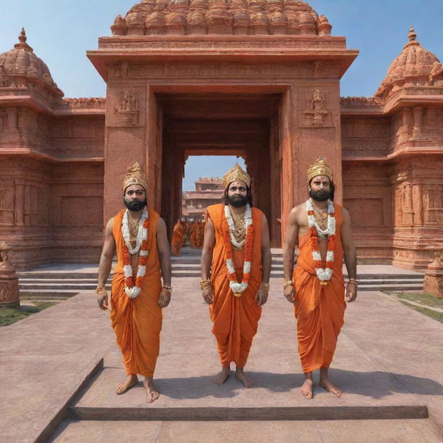 A 3D image of Ram, Laxman, Sita, and Hanuman arriving at Ayodhya Ram Mandir in HD.