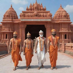 A 3D image of Ram, Laxman, Sita, and Hanuman arriving at Ayodhya Ram Mandir in HD.