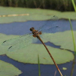 An illustrative depiction of a dragonfly, detailing its thin, elongated body, transparent, mesh-like wings, and vibrant eye color in a wetland environment.