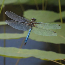 An illustrative depiction of a dragonfly, detailing its thin, elongated body, transparent, mesh-like wings, and vibrant eye color in a wetland environment.