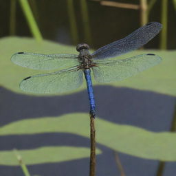 An illustrative depiction of a dragonfly, detailing its thin, elongated body, transparent, mesh-like wings, and vibrant eye color in a wetland environment.