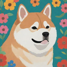 A Studio Ghibli-style depiction of an Akita dog, with vibrant colors and delicate, whimsical details.