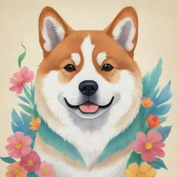 A Studio Ghibli-style depiction of an Akita dog, with vibrant colors and delicate, whimsical details.