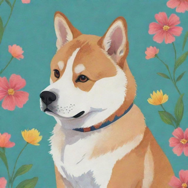 A Studio Ghibli-style depiction of an Akita dog, with vibrant colors and delicate, whimsical details.