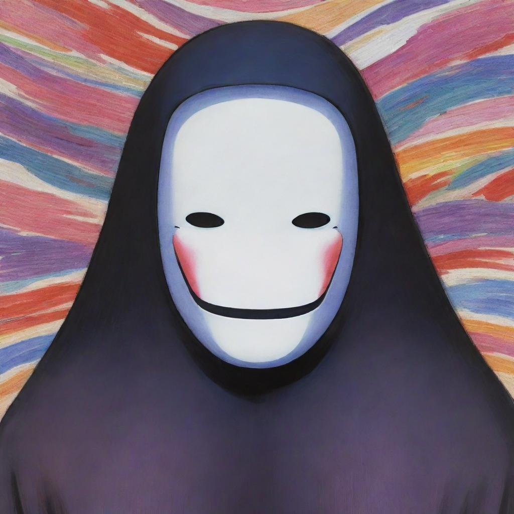 A detailed, colorful portrait of Kaonashi, also known as No-Face, from the anime film 'Spirited Away', appearing opaque, enigmatic yet inviting.