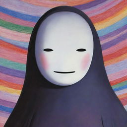 A detailed, colorful portrait of Kaonashi, also known as No-Face, from the anime film 'Spirited Away', appearing opaque, enigmatic yet inviting.