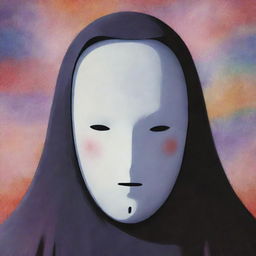 A detailed, colorful portrait of Kaonashi, also known as No-Face, from the anime film 'Spirited Away', appearing opaque, enigmatic yet inviting.