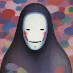 A detailed, colorful portrait of Kaonashi, also known as No-Face, from the anime film 'Spirited Away', appearing opaque, enigmatic yet inviting.