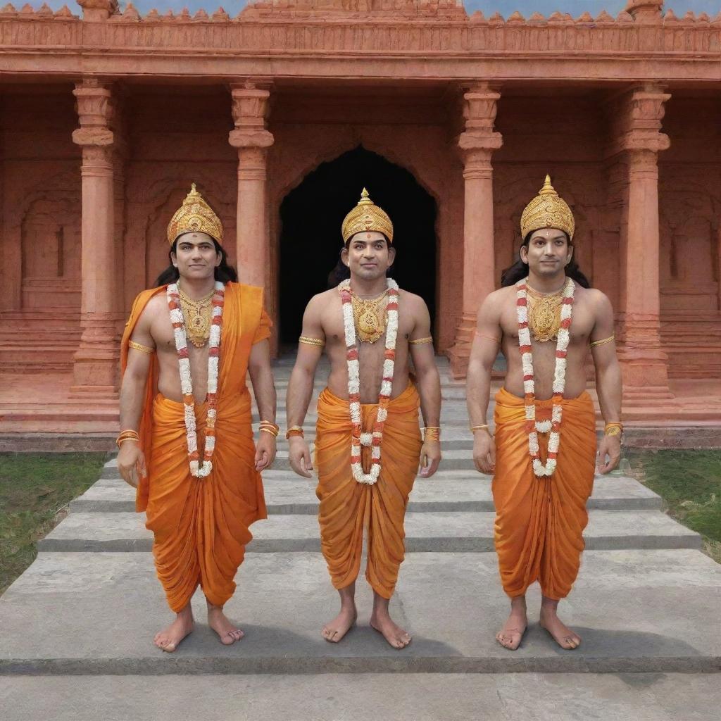 Generate a 3D image of Sita, Ram, Laxman, and Hanuman arriving at Ayodhya Ram Mandir.