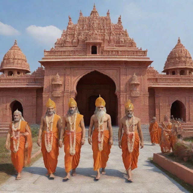 Generate a 3D image of Sita, Ram, Laxman, and Hanuman arriving at Ayodhya Ram Mandir.