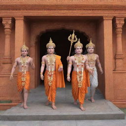 Generate a 3D image of Sita, Ram, Laxman, and Hanuman arriving at Ayodhya Ram Mandir.