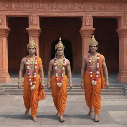 Generate a 3D image of Sita, Ram, Laxman, and Hanuman arriving at Ayodhya Ram Mandir.