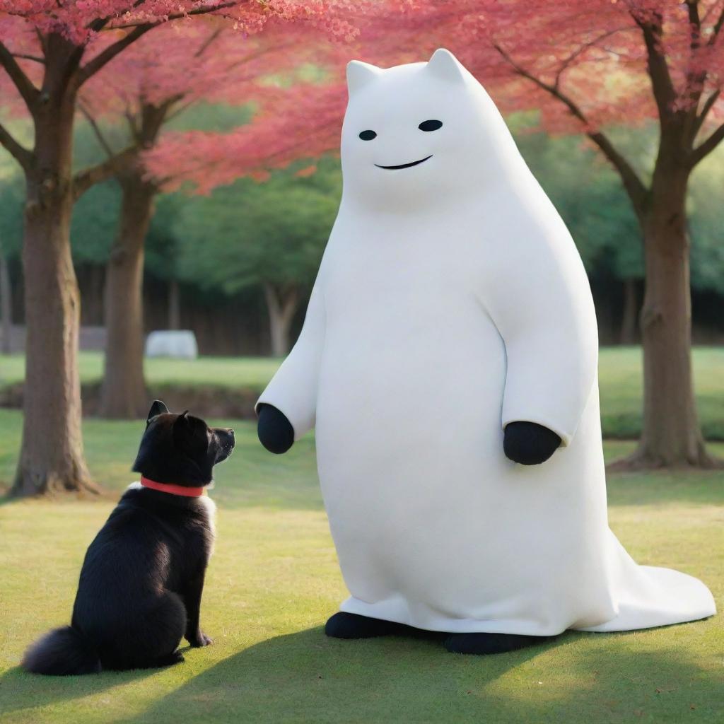 A lively and vivid image of Kaonashi, also known as No-Face from 'Spirited Away', gently interacting with a playful Akita dog in a tranquil setting.