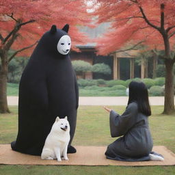 A lively and vivid image of Kaonashi, also known as No-Face from 'Spirited Away', gently interacting with a playful Akita dog in a tranquil setting.