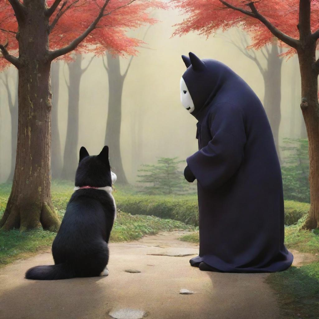 A lively and vivid image of Kaonashi, also known as No-Face from 'Spirited Away', gently interacting with a playful Akita dog in a tranquil setting.