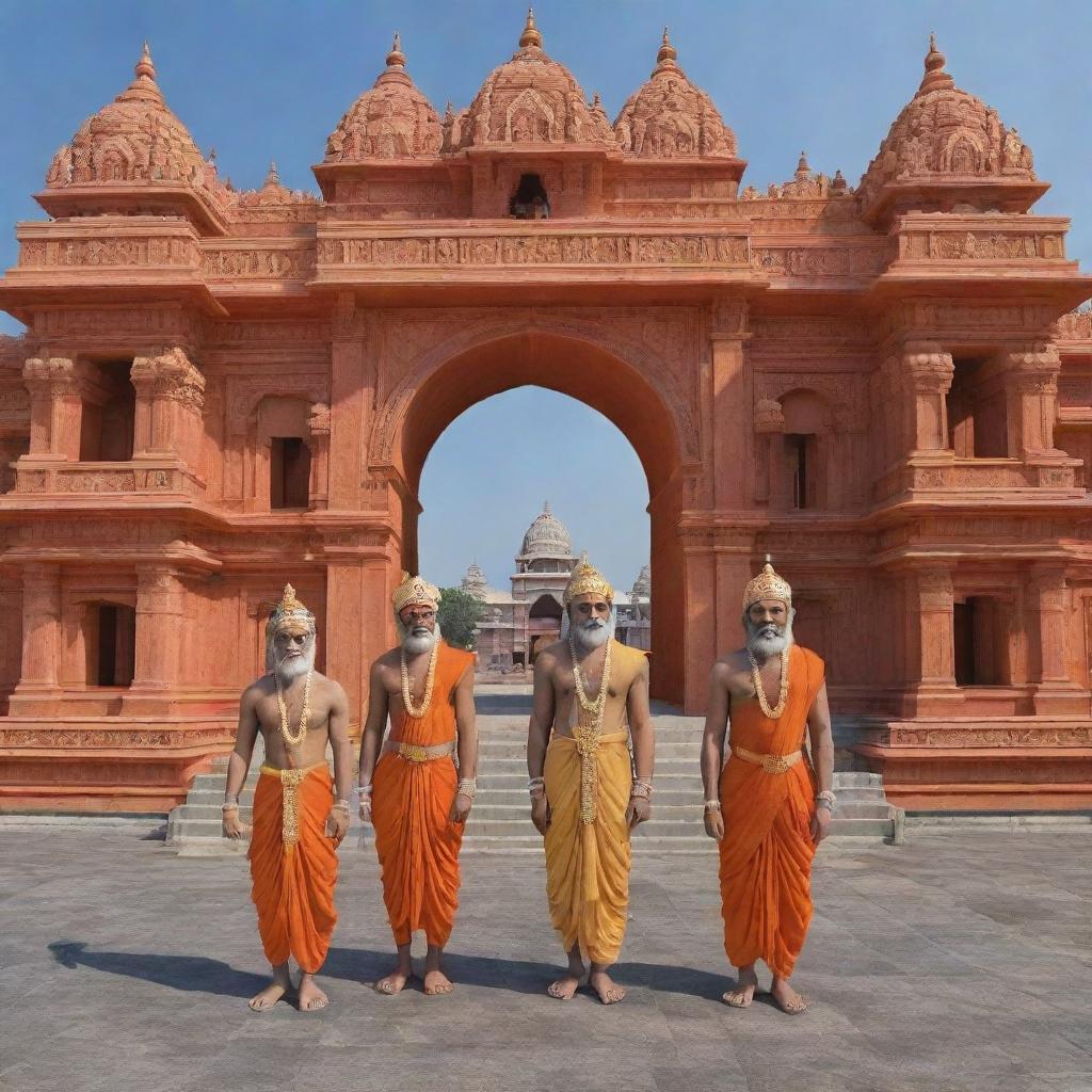 Generate a 3D image of Sita, Ram, Laxman, and Hanuman arriving at Ayodhya Ram Mandir.