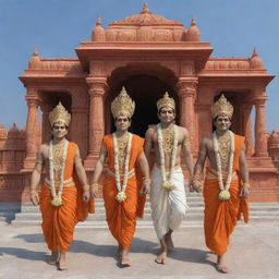 Generate a 3D image of Sita, Ram, Laxman, and Hanuman arriving at Ayodhya Ram Mandir.