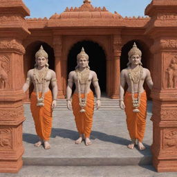 Generate a 3D image of Sita, Ram, Laxman, and Hanuman arriving at Ayodhya Ram Mandir.