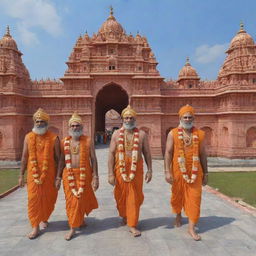 Generate a 3D image of Sita, Ram, Laxman, and Hanuman arriving at Ayodhya Ram Mandir.