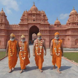 Generate a 3D image of Sita, Ram, Laxman, and Hanuman arriving at Ayodhya Ram Mandir.