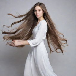 A slender girl with long, flowy hair posing gracefully.