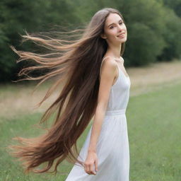 A slender girl with long, flowy hair posing gracefully.