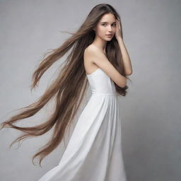 A slender girl with long, flowy hair posing gracefully.