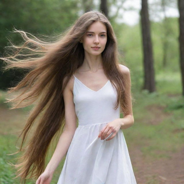 A slender girl with long, flowy hair posing gracefully.