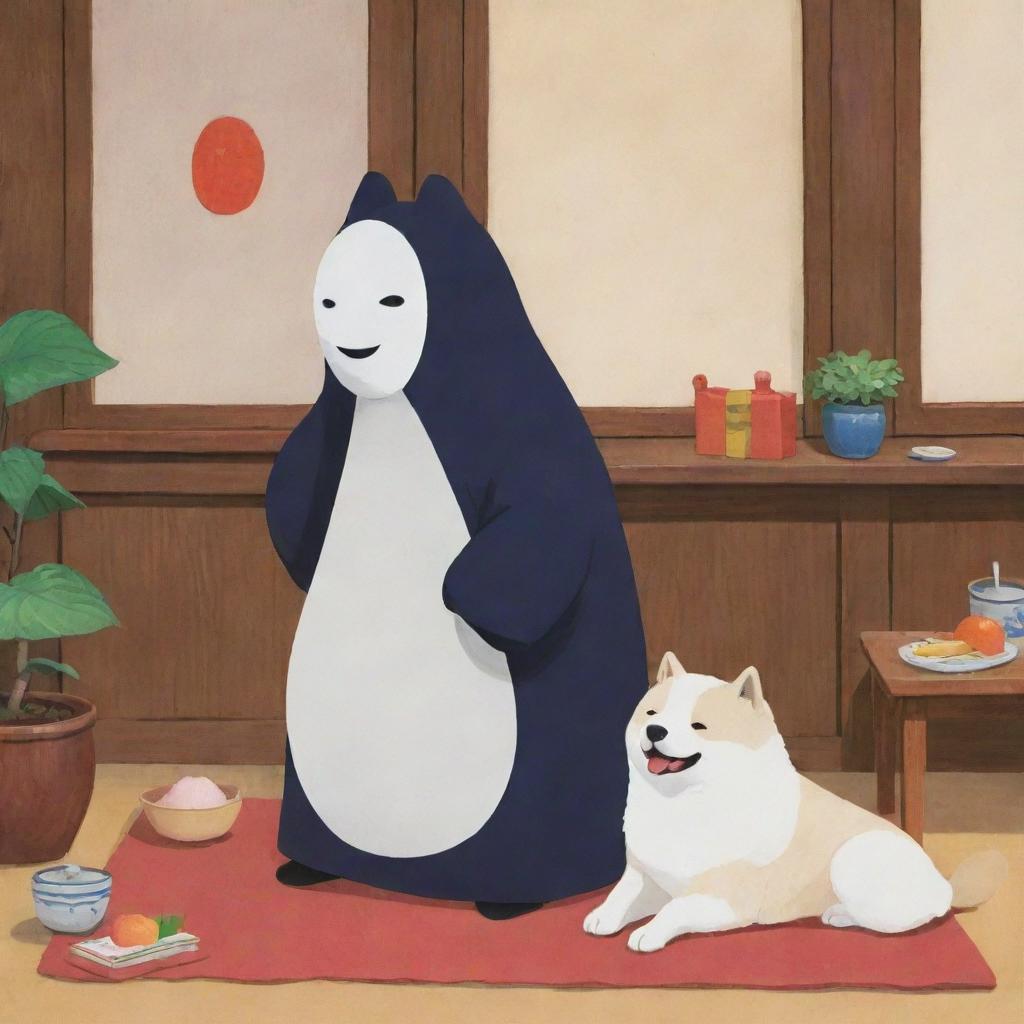 A lively and colourful image illustrating Kaonashi, also known as No-Face from 'Spirited Away', gently playing with an adorable Akita dog in a friendly environment.