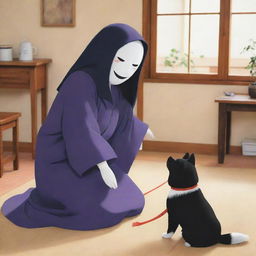 A lively and colourful image illustrating Kaonashi, also known as No-Face from 'Spirited Away', gently playing with an adorable Akita dog in a friendly environment.