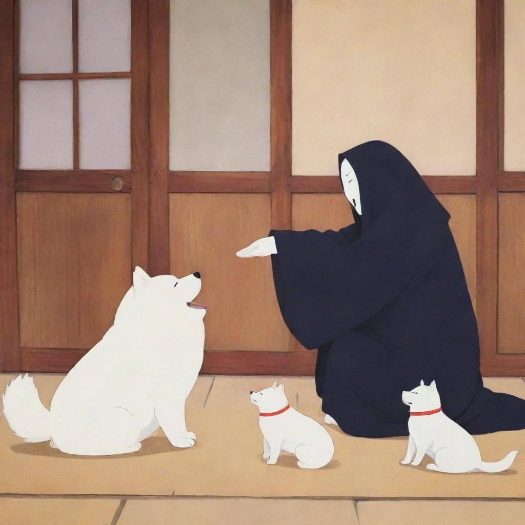 A lively and colourful image illustrating Kaonashi, also known as No-Face from 'Spirited Away', gently playing with an adorable Akita dog in a friendly environment.