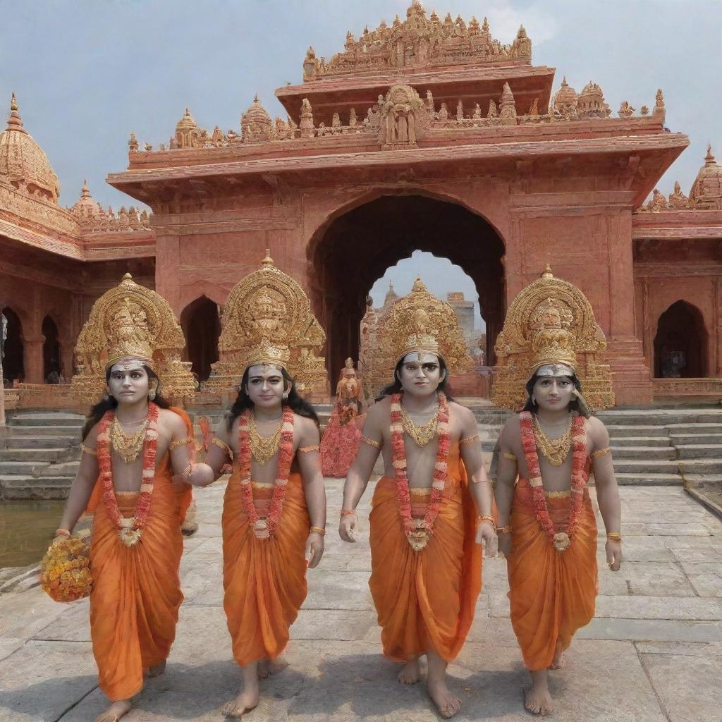 Generate a 3D image of Sita, Ram, Laxman, and Hanuman arriving at Ayodhya Ram Mandir.