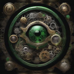 A high-resolution digital art piece portraying a mechanical eye with intricate gears and cogs against a stark black background