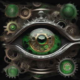 A high-resolution digital art piece portraying a mechanical eye with intricate gears and cogs against a stark black background