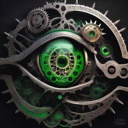 A high-resolution digital art piece portraying a mechanical eye with intricate gears and cogs against a stark black background