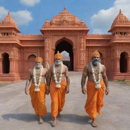 Generate a 3D image of Sita, Ram, Laxman, and Hanuman arriving at Ayodhya Ram Mandir.