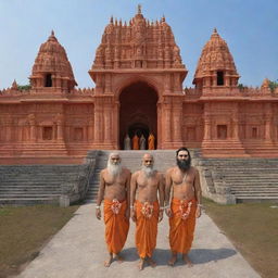 Generate a 3D image of Sita, Ram, Laxman, and Hanuman arriving at Ayodhya Ram Mandir.