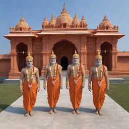 Generate a 3D image of Sita, Ram, Laxman, and Hanuman arriving at Ayodhya Ram Mandir.