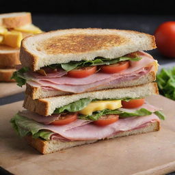 A delectable, freshly made sandwich, with layers of crispy lettuce, succulent tomatoes, thinly sliced ham and oozing cheddar cheese, all nested between two pieces of golden toasted bread.