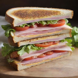 A delectable, freshly made sandwich, with layers of crispy lettuce, succulent tomatoes, thinly sliced ham and oozing cheddar cheese, all nested between two pieces of golden toasted bread.