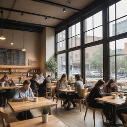 A bustling urban cafe during a busy lunch hour, with people enjoying their coffee and meals. The interior has warm lighting, rustic wooden furniture, and a modern aesthetic with ample natural light filtering in through large windows.