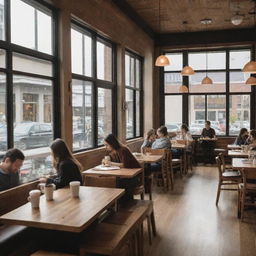 A bustling urban cafe during a busy lunch hour, with people enjoying their coffee and meals. The interior has warm lighting, rustic wooden furniture, and a modern aesthetic with ample natural light filtering in through large windows.