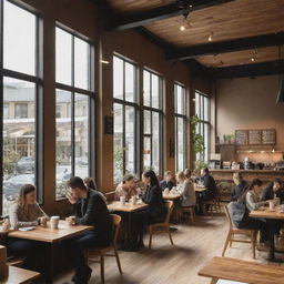 A bustling urban cafe during a busy lunch hour, with people enjoying their coffee and meals. The interior has warm lighting, rustic wooden furniture, and a modern aesthetic with ample natural light filtering in through large windows.