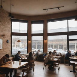 A bustling urban cafe during a busy lunch hour, with people enjoying their coffee and meals. The interior has warm lighting, rustic wooden furniture, and a modern aesthetic with ample natural light filtering in through large windows.