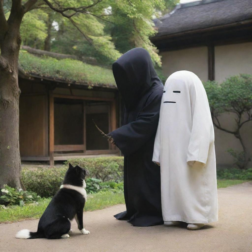 A captivating image of Kaonashi (No-Face) from Spirited Away, engaging in a playful interaction with a cheerful Akita dog in a serene setting.