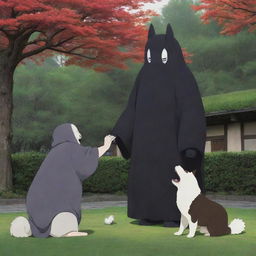 A captivating image of Kaonashi (No-Face) from Spirited Away, engaging in a playful interaction with a cheerful Akita dog in a serene setting.