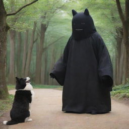 A captivating image of Kaonashi (No-Face) from Spirited Away, engaging in a playful interaction with a cheerful Akita dog in a serene setting.