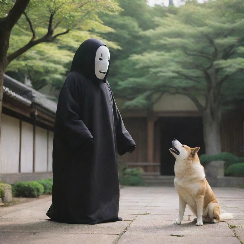 A captivating image of Kaonashi (No-Face) from Spirited Away, engaging in a playful interaction with a cheerful Akita dog in a serene setting.